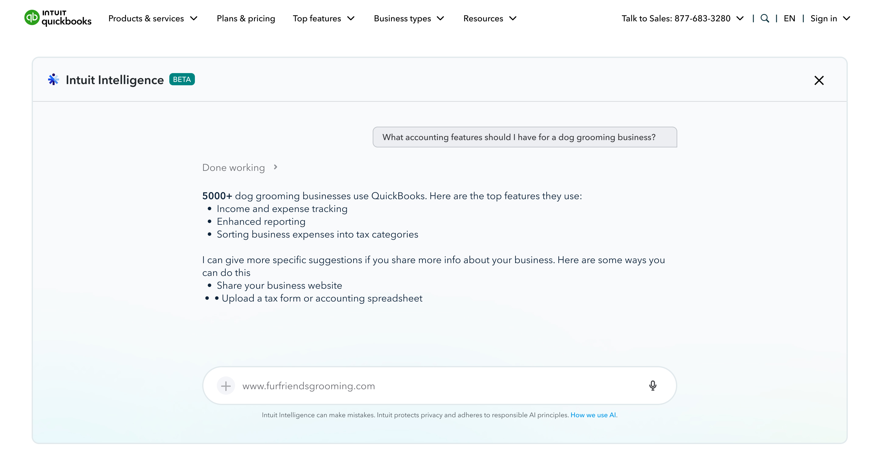 Intuit Intelligence answering which accounting features a dog-grooming business needs, then asking for the business website