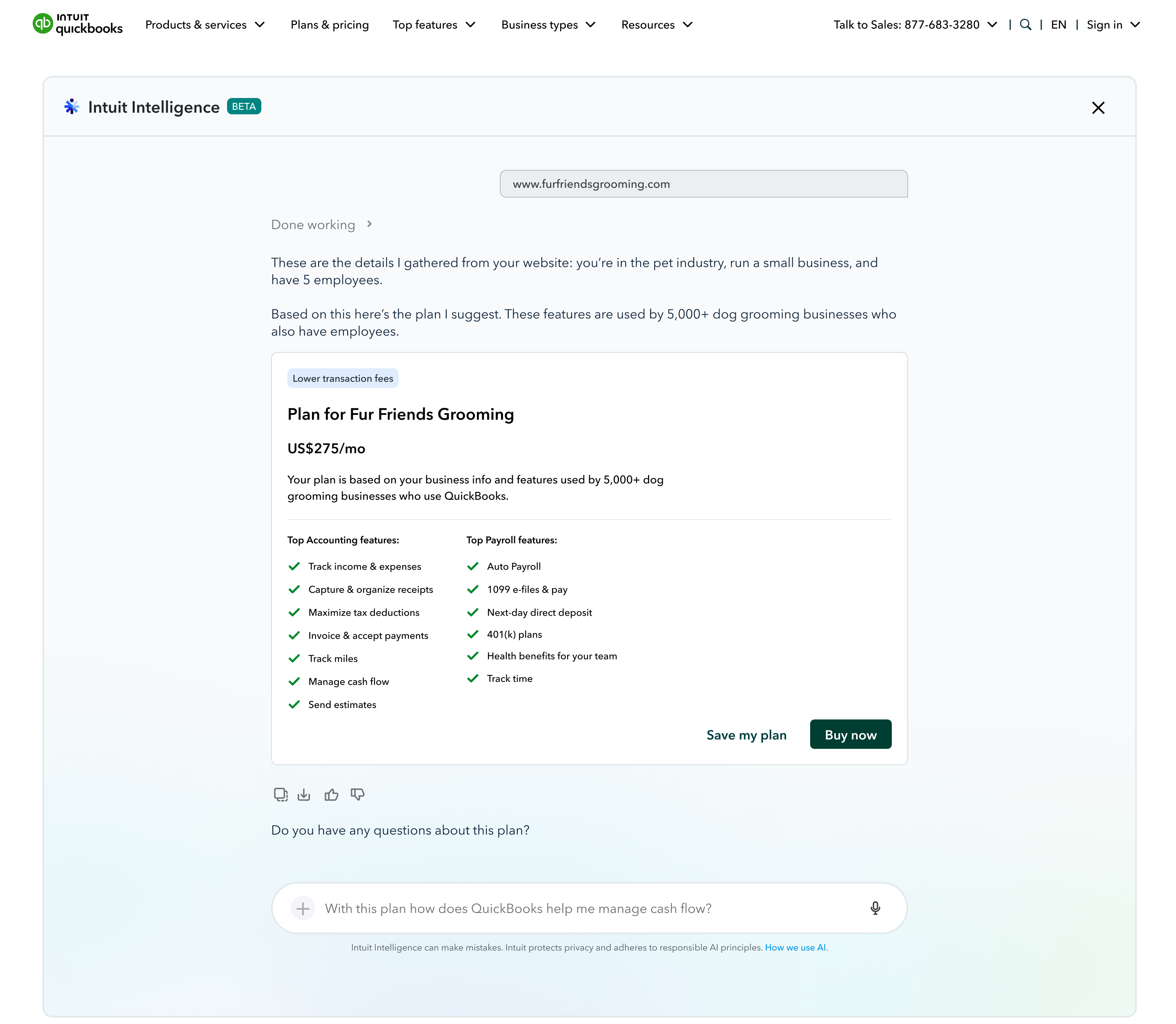 A tailored 'Plan for Fur Friends Grooming' at $275/mo listing top accounting and payroll features, with Save my plan and Buy now