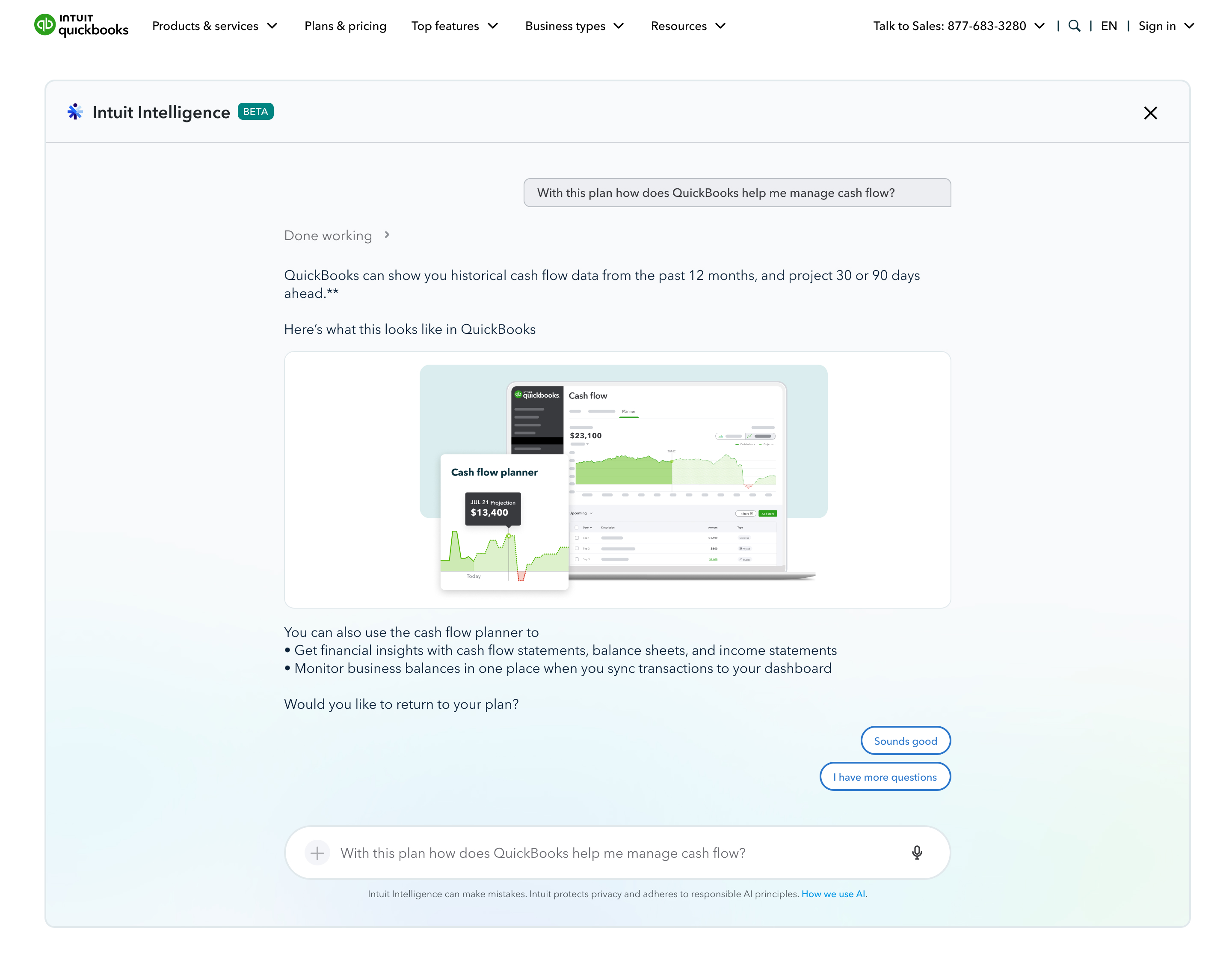 Intuit Intelligence explaining cash-flow planning with a product screenshot in response to a follow-up question