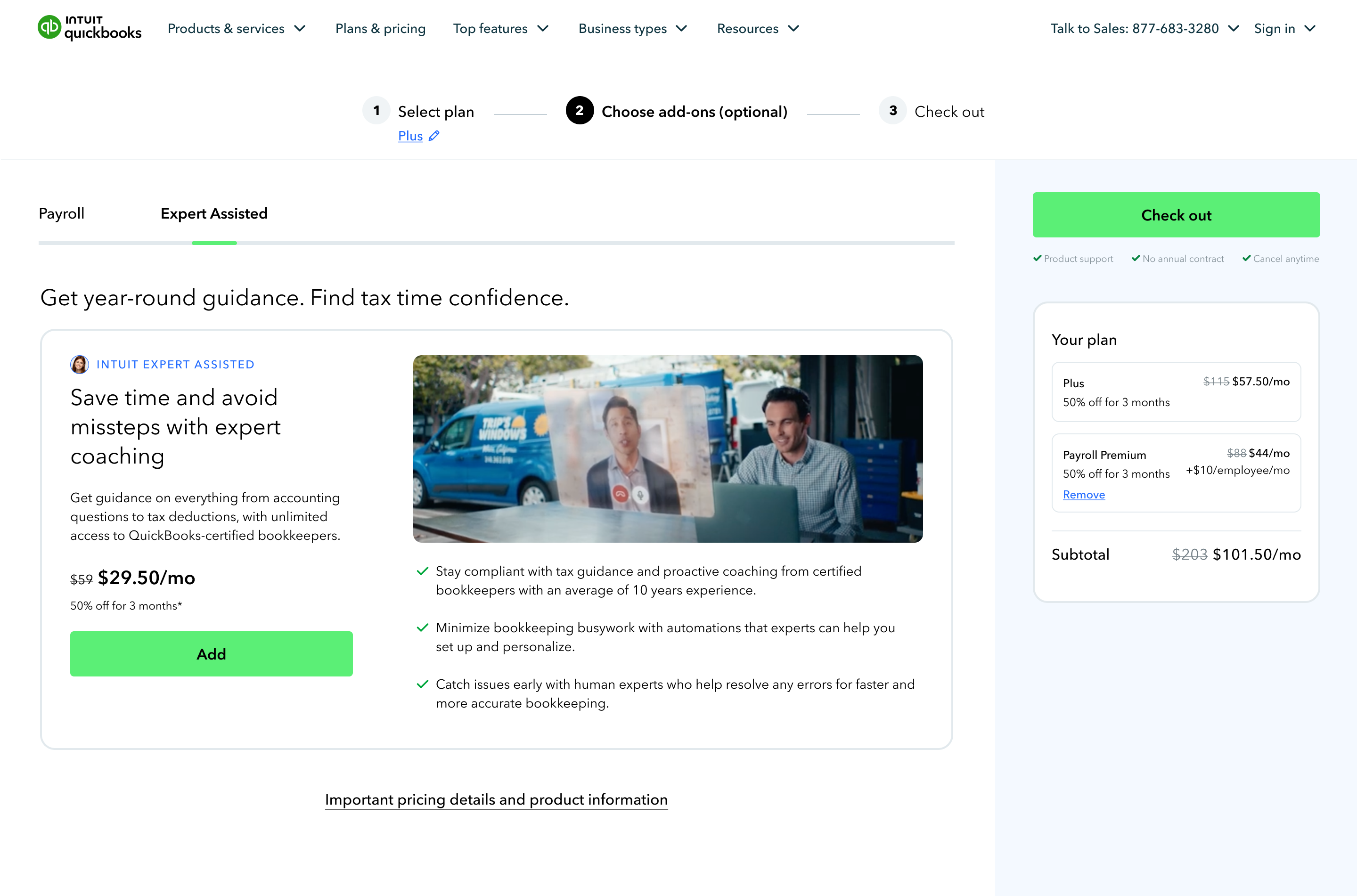 Variant B — Expert Assisted offered as an add-on toggle in the pricing flow