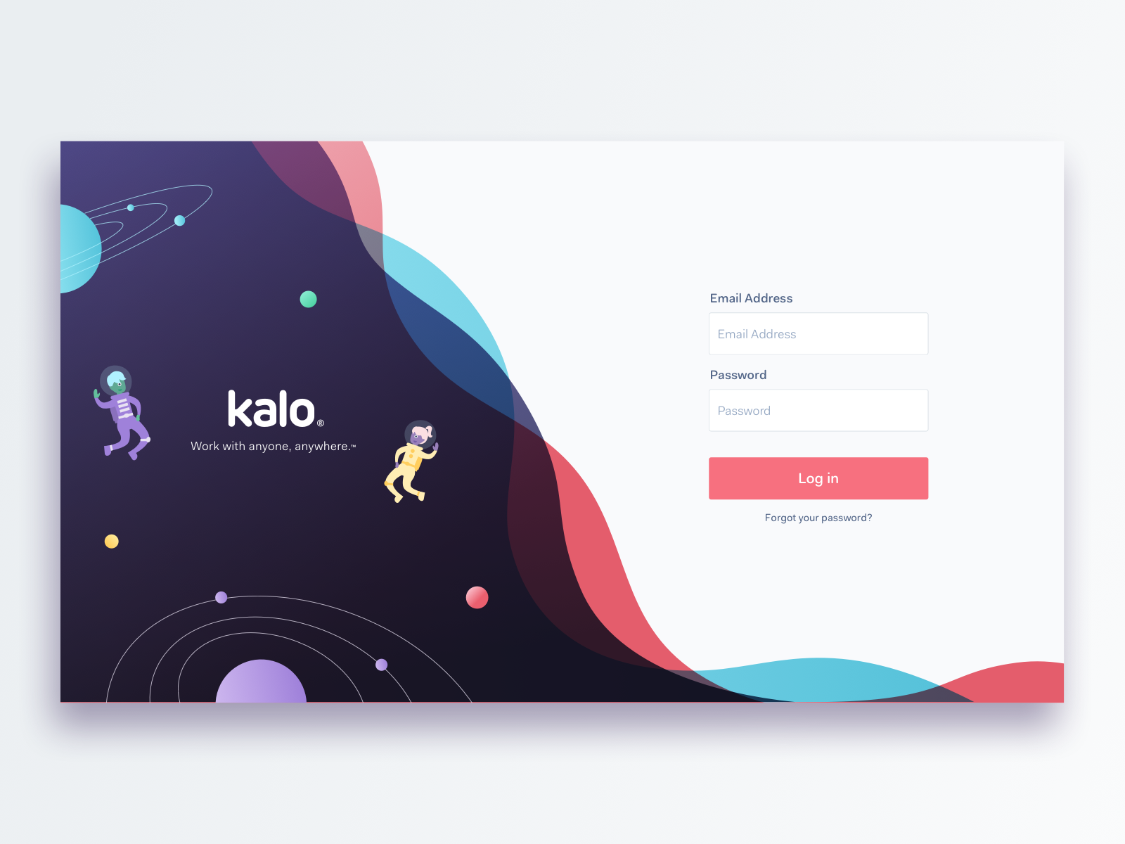 Kalo login screen with brand illustration