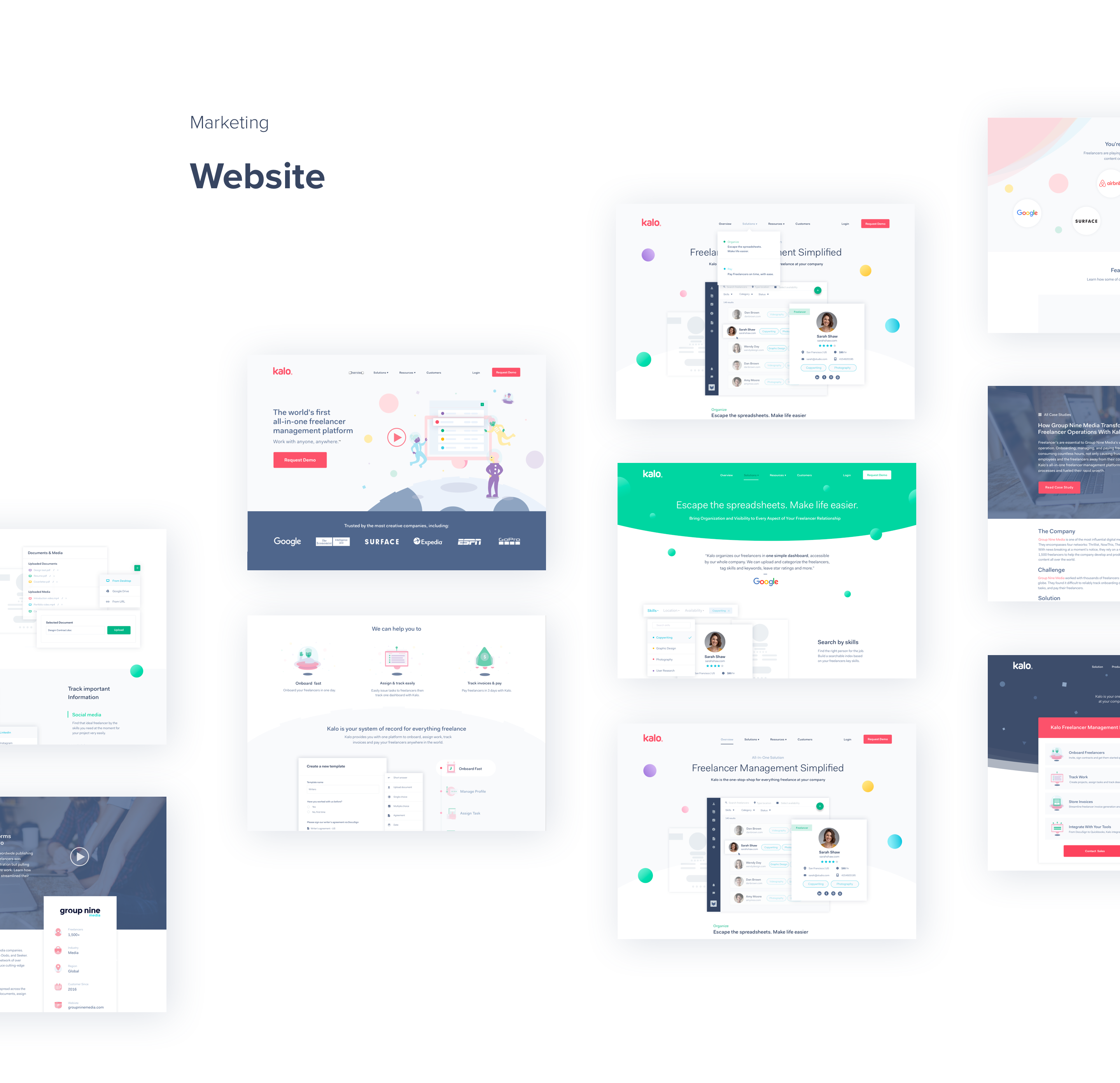 Kalo marketing website — multiple desktop screens