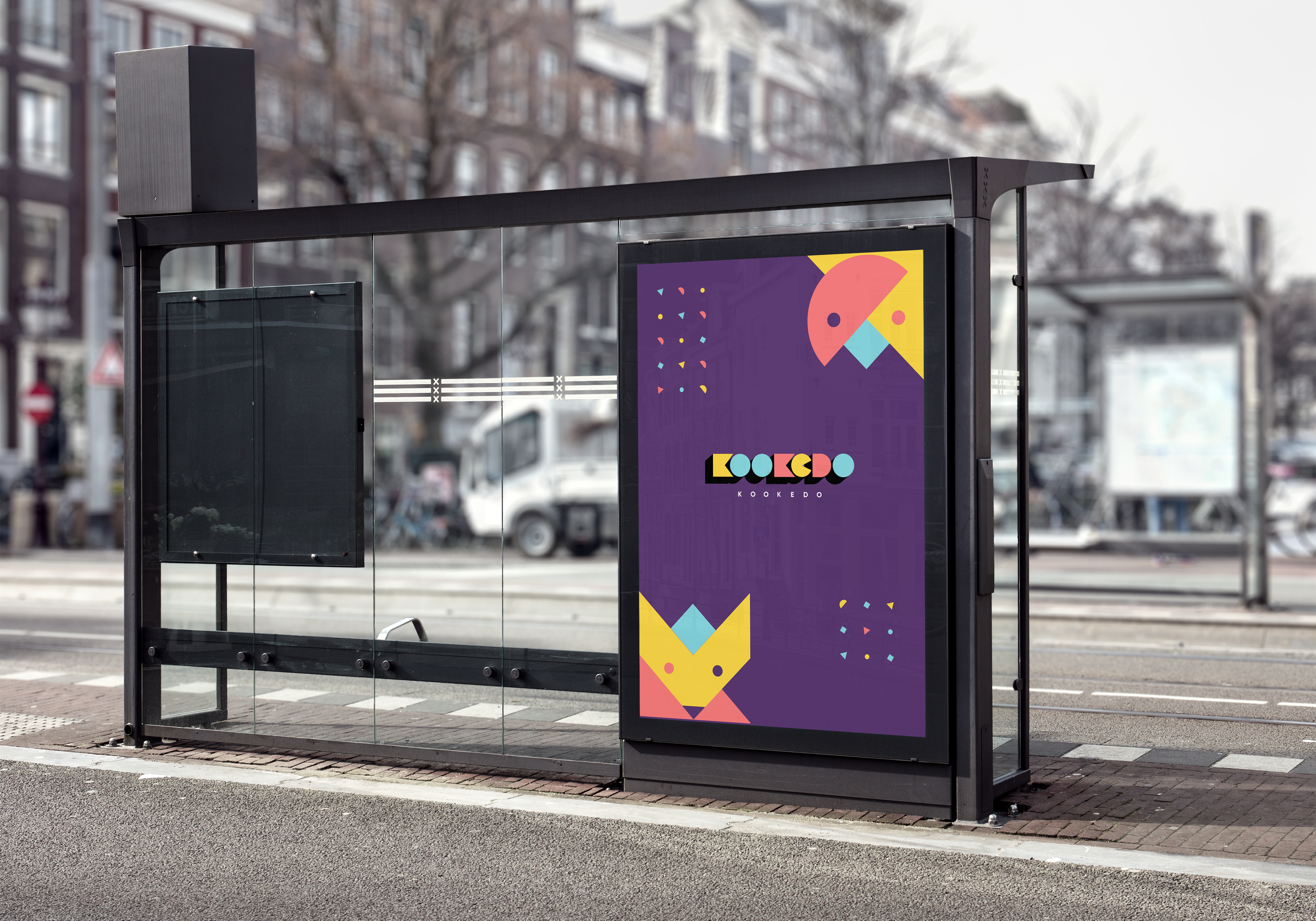Kookedo bus-stop poster — purple with bear and fox shape characters