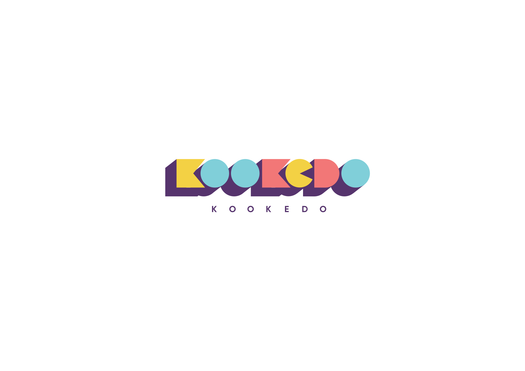 Kookedo wordmark — geometric letterforms in purple, yellow, coral, and mint