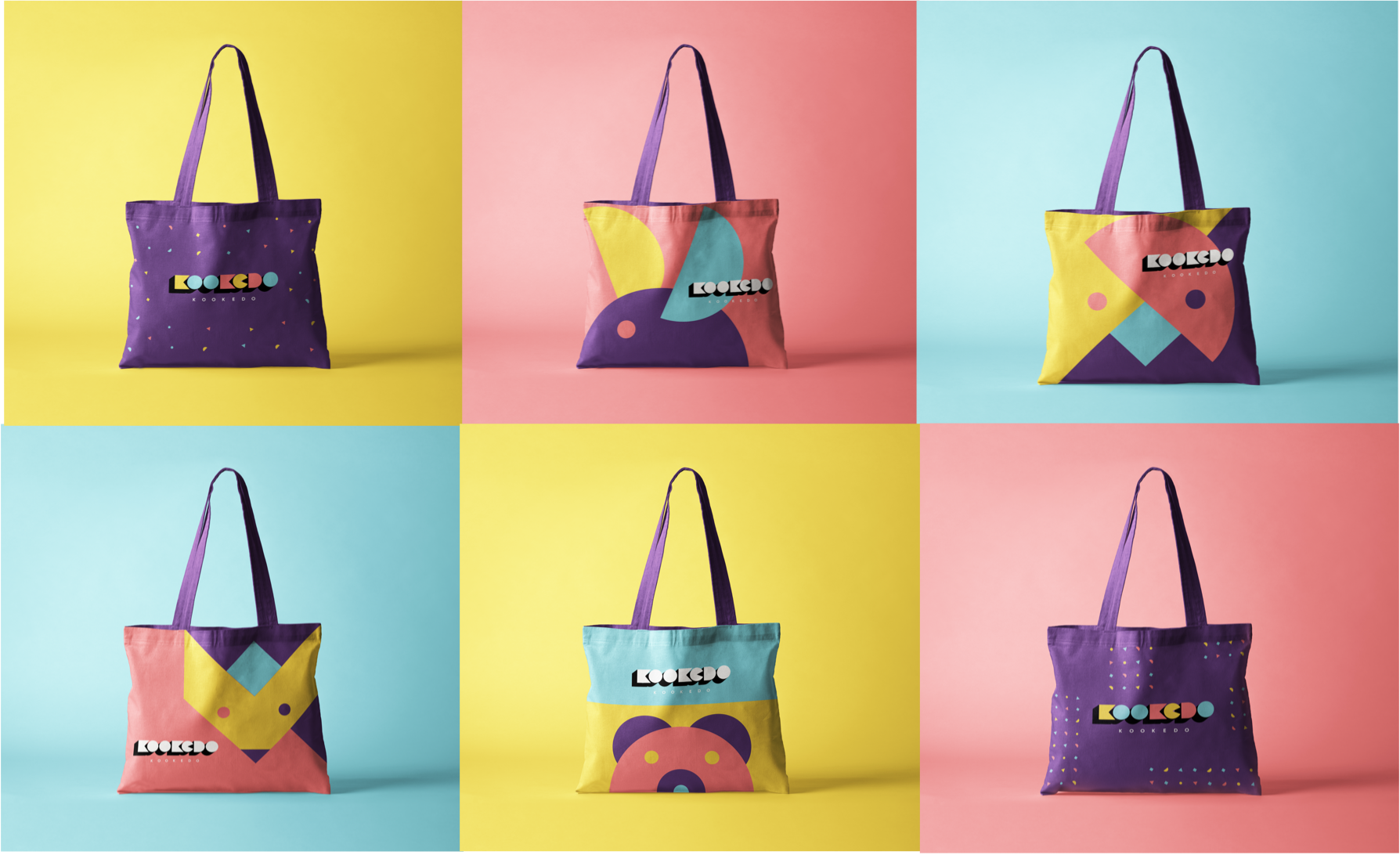 Six Kookedo tote bags — each a different composition of the same modular shapes