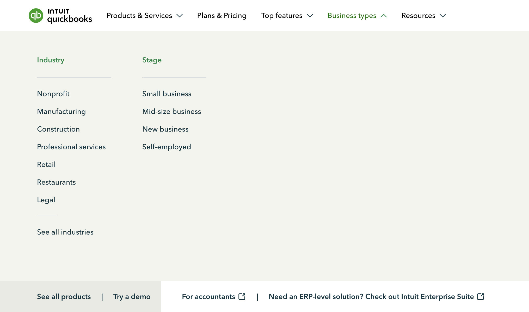 Business types mega-menu — shipped