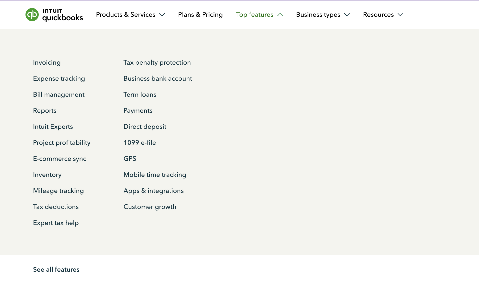 Top features mega-menu — shipped