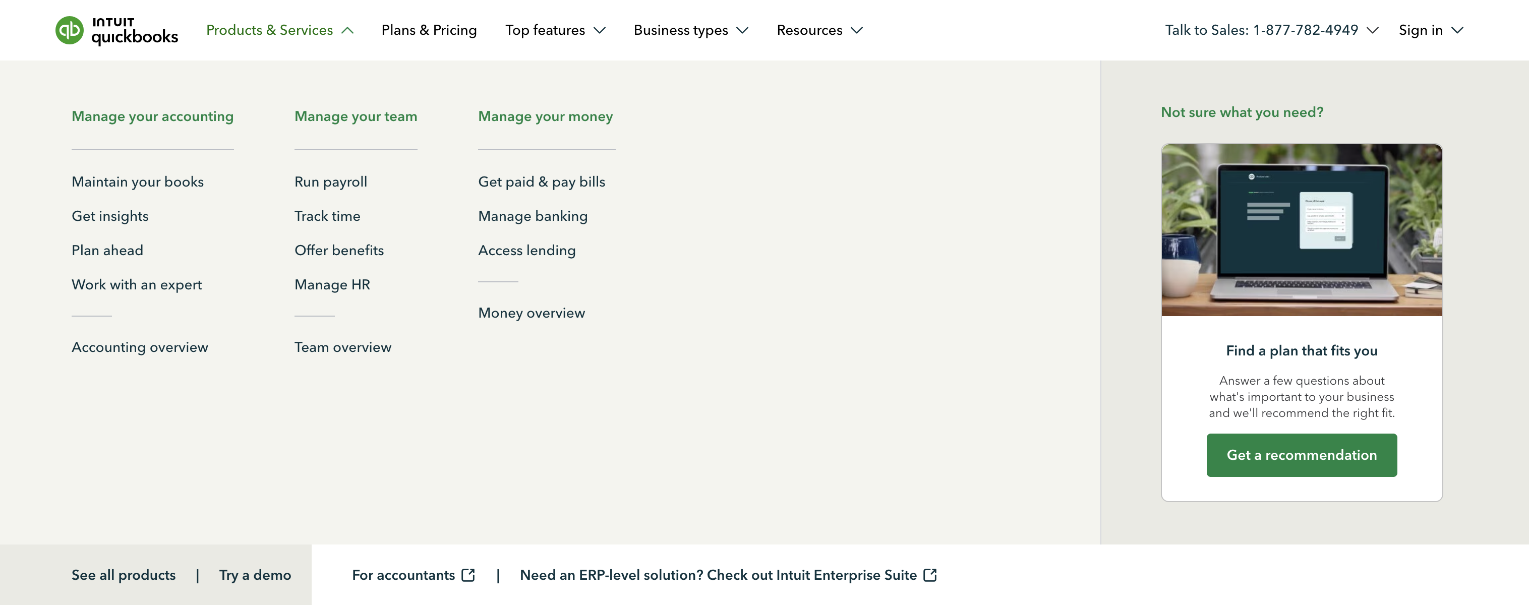 Products & services mega-menu — shipped on QuickBooks.com